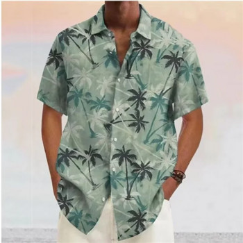 Лятна мъжка риза Blue Coconut Tree Тениска с къс ръкав Ежедневна риза с щампи с ревери за мъже Модна плажна блуза с копчета Дрехи