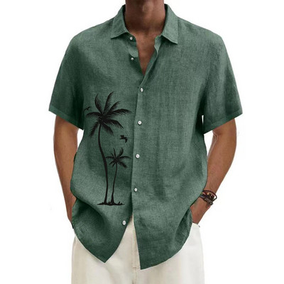 Καλοκαιρινό ανδρικό πουκάμισο Μπλε μπλουζάκι με κοντό μανίκι με δέντρο καρύδας Πουκάμισο με στάμπα με πέτο για άνδρες Μόδα Ρούχα μπλούζας παραλίας