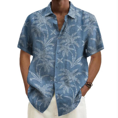 Καλοκαιρινό ανδρικό πουκάμισο Μπλε μπλουζάκι με κοντό μανίκι με δέντρο καρύδας Πουκάμισο με στάμπα με πέτο για άνδρες Μόδα Ρούχα μπλούζας παραλίας