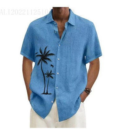 Καλοκαιρινό ανδρικό πουκάμισο Μπλε μπλουζάκι με κοντό μανίκι με δέντρο καρύδας Πουκάμισο με στάμπα με πέτο για άνδρες Μόδα Ρούχα μπλούζας παραλίας