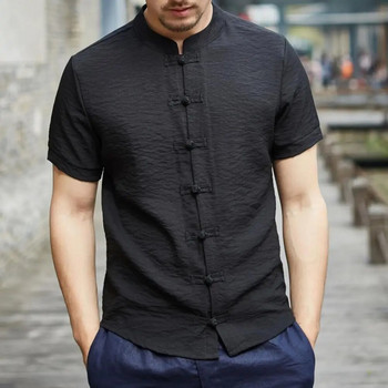 Винтидж мъжка лятна риза с яка и къс ръкав Мъжка горна част Едноцветна тънка копчета с възли Мъжка риза Китайска традиционна риза