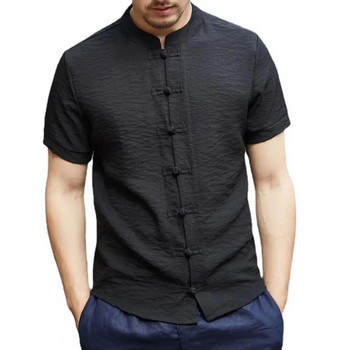 Винтидж мъжка лятна риза с яка и къс ръкав Мъжка горна част Едноцветна тънка копчета с възли Мъжка риза Китайска традиционна риза