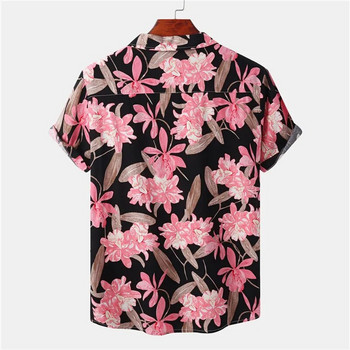 Черно-розови плажни ризи с флорален принт Мъжки ризи Camisa Masculina 2023 Лятна ежедневна хавайска риза с къс ръкав Мъжки парти дрехи