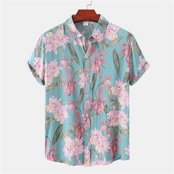 Черно-розови плажни ризи с флорален принт Мъжки ризи Camisa Masculina 2023 Лятна ежедневна хавайска риза с къс ръкав Мъжки парти дрехи
