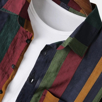 Пролетна и есенна мъжка стрийт цветна вертикална лента Свободна спокойна поло яка Едноредова риза с дълъг ръкав 2023 г. Ново