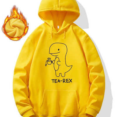 Mielas juokingas „T Rex Drink Tea Print“ džemperis, šaunūs vyriški gobtuvai, vyriškas laisvalaikio grafinio dizaino megztinis su gobtuvu su