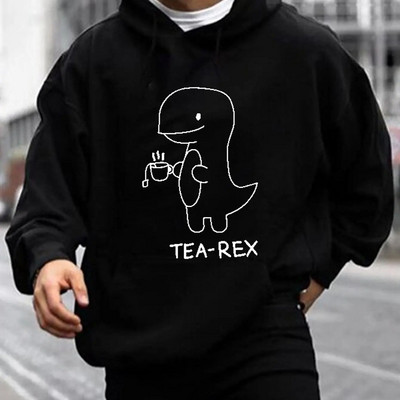 Mielas juokingas „T Rex Drink Tea Print“ džemperis, šaunūs vyriški gobtuvai, vyriškas laisvalaikio grafinio dizaino megztinis su gobtuvu su