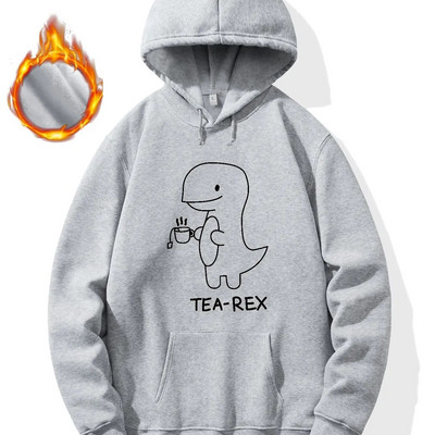 Mielas juokingas „T Rex Drink Tea Print“ džemperis, šaunūs vyriški gobtuvai, vyriškas laisvalaikio grafinio dizaino megztinis su gobtuvu su