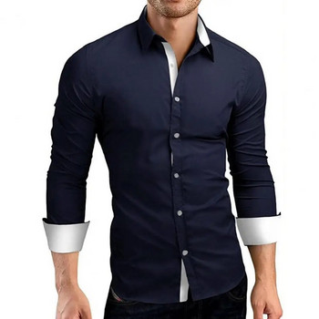 Бизнес рокля, мъжка риза, контрастен цвят, едноредна яка с обърната яка, ярко бяла мъжка риза за работа