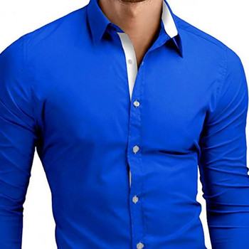 Бизнес рокля, мъжка риза, контрастен цвят, едноредна яка с обърната яка, ярко бяла мъжка риза за работа