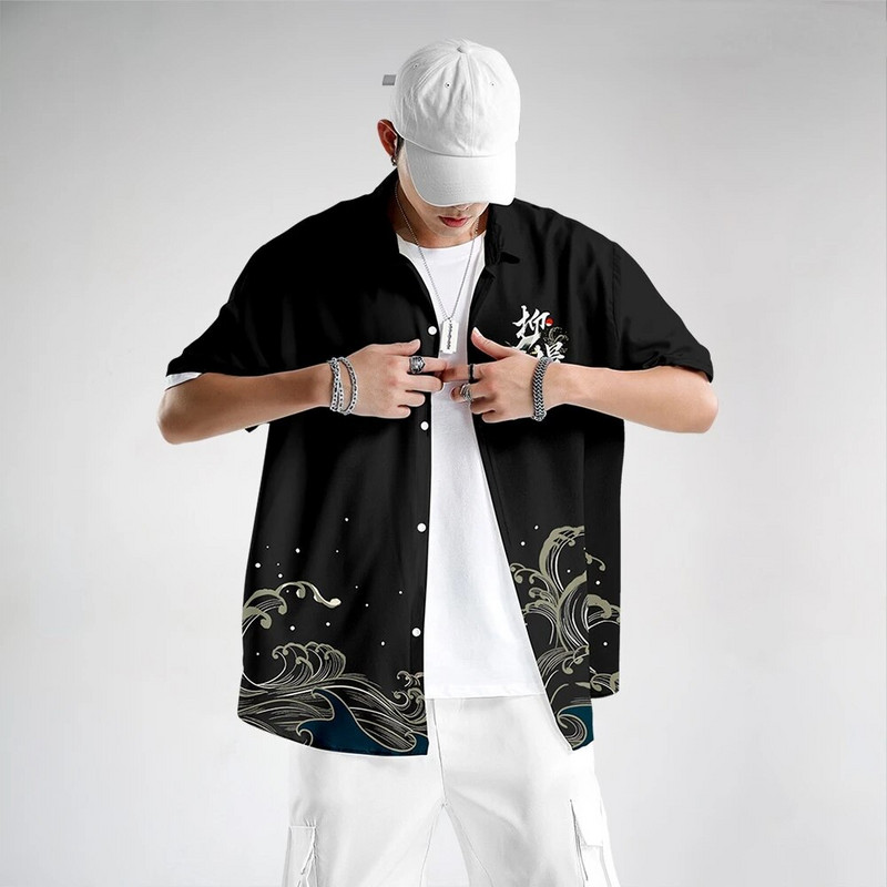 Gatvės drabužiai havajietiškais raštais Japoniški marškiniai Vasaros kinų stiliaus trumpomis rankovėmis Harajuku Aloha marškiniai vyriški hip-hop per dideli