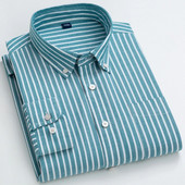 Vyriški 100 % medvilnės Oksfordo laisvalaikio marškiniai, su kišenėmis ilgomis rankovėmis, standartinio stiliaus languoti dryžuoti universalūs marškiniai