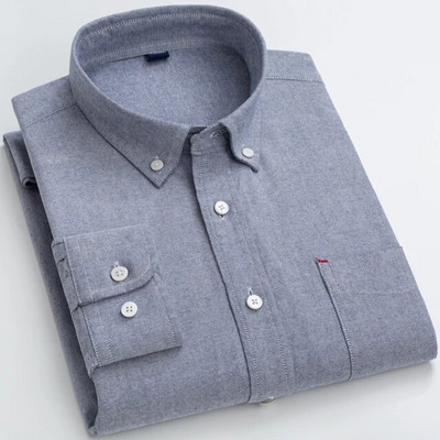 Vyriški 100 % medvilnės Oksfordo laisvalaikio marškiniai, su kišenėmis ilgomis rankovėmis, standartinio stiliaus languoti dryžuoti universalūs marškiniai