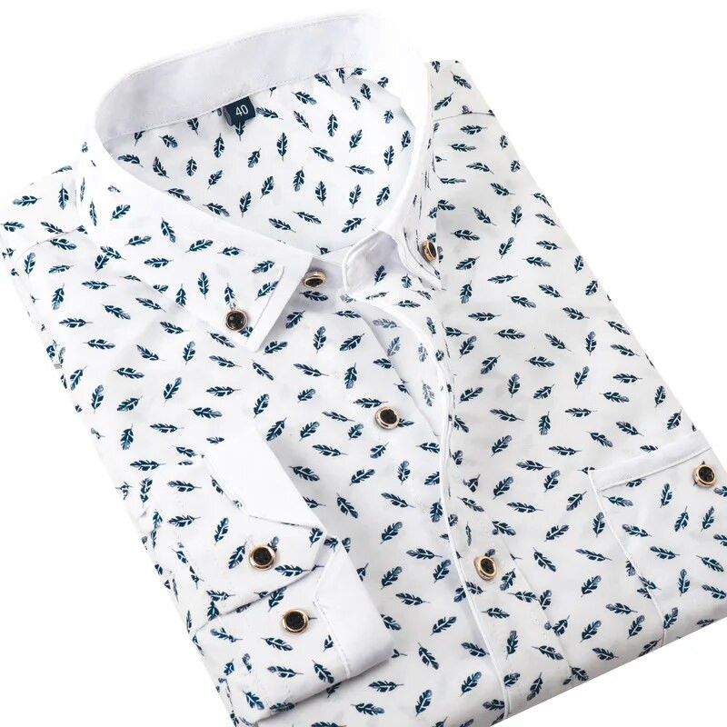 Ποιοτικό ανδρικό μαλακό, άνετο ανδρικό πουκάμισο με μακρυμάνικο, λουλουδάτο εμπριμέ κουμπιά, Slim Fit, κοινωνικά επαγγελματικά πουκάμισα