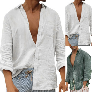 Ежедневни ризи за мъже Ленени ризи Ултратънки дишащи ризи с копчета Плажна риза с дълъг ръкав Винтидж плажно улично облекло Camisa
