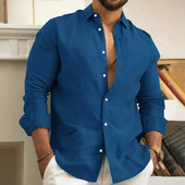 Φθινοπωρινό ανδρικό μονόχρωμο μακρυμάνικο πουκάμισο με γιακά μπλούζες μπλούζα με κουμπιά στην παραλία Ανδρικά μπλουζάκια επαγγελματικά φόρμα μπλούζα