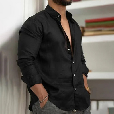 Φθινοπωρινό ανδρικό μονόχρωμο μακρυμάνικο πουκάμισο με γιακά μπλούζες μπλούζα με κουμπιά στην παραλία Ανδρικά μπλουζάκια επαγγελματικά φόρμα μπλούζα