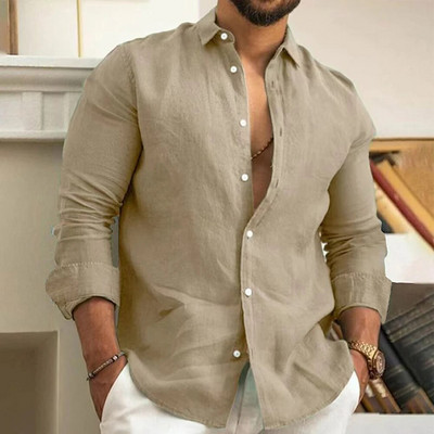 Φθινοπωρινό ανδρικό μονόχρωμο μακρυμάνικο πουκάμισο με γιακά μπλούζες μπλούζα με κουμπιά στην παραλία Ανδρικά μπλουζάκια επαγγελματικά φόρμα μπλούζα