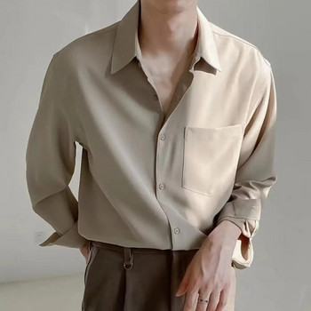 Ежедневна мъжка риза с дълъг ръкав с ревер и джоб с кръпка, драпирана мъжка риза Slim Fit, едноцветна бизнес риза, топ