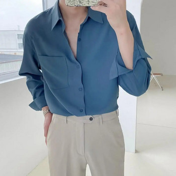 Ежедневна мъжка риза с дълъг ръкав с ревер и джоб с кръпка, драпирана мъжка риза Slim Fit, едноцветна бизнес риза, топ