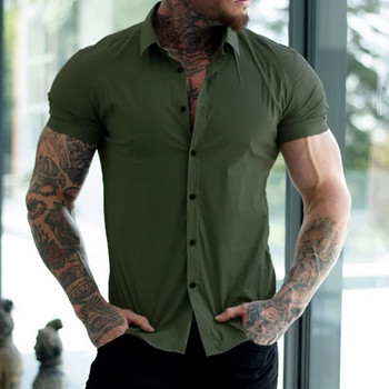 Fashion Gym Muscle Polo Neck Ризи с къс ръкав Мъжки еластични тънки плътни спортни ежедневни жилетки Бизнес ризи Мъжки блузи