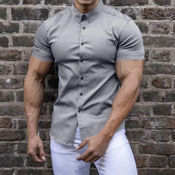 Fashion Gym Muscle Polo λαιμόκοψη Ανδρικά πουκάμισα με κοντό μανίκι ελαστικότητας Λεπτό συμπαγές αθλητικό Casual Cardigan Επαγγελματικά πουκάμισα Αντρικές μπλούζες