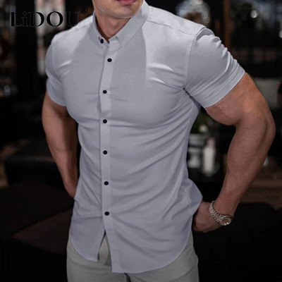 Fashion Gym Muscle Polo Neck Ризи с къс ръкав Мъжки еластични тънки плътни спортни ежедневни жилетки Бизнес ризи Мъжки блузи