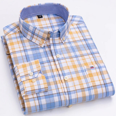 Ανδρικό μακρυμάνικο Oxford καρό ριγέ πουκάμισο casual με μονό τσεπάκι Άνετο τυπικό πουκάμισο με κουμπιά 100% βαμβάκι