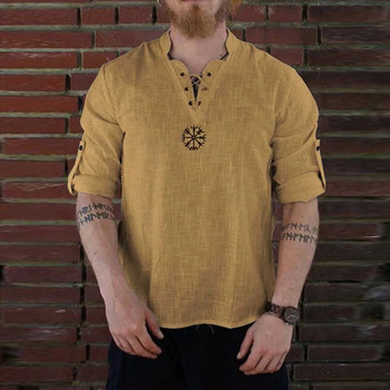 Μεσαιωνικό πειρατικό λινό ανδρικό μπλουζάκι σκανδιναβικό μπλουζάκι Cosplay με κεντημένο μπλουζάκι με όρθιο γιακά με μακρυμάνικο