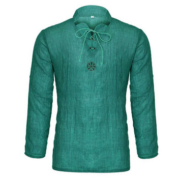 Модна средновековна пиратска ленена горна риза Мъжка скандинавска тениска Cosplay Tee с връзки и бродирана стояща яка Ризи с дълги ръкави