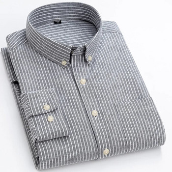 Мъжка ежедневна риза с копчета Удобни оксфордски ризи с дълъг ръкав Висококачествени джобове с един кръпка Лесни за поддръжка умни ризи