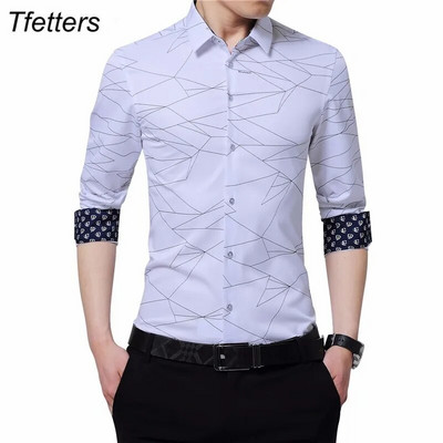 TFETTERS Луксозна марка Мъжки ризи Мъжка риза с дълъг ръкав Геометричен принт Парти риза Красива модна блуза за мъж