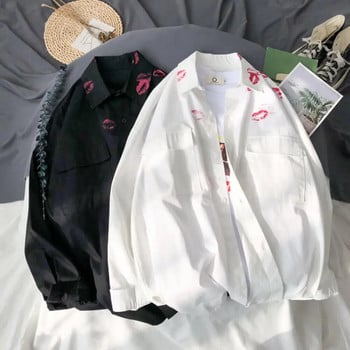 Πέτο με μακριά μανίκια με τσέπες με μονό στήθος Πουκάμισο Ανδρικό Παλτό Ανοιξιάτικο Kiss Print Φαρδιά Ζακέτα