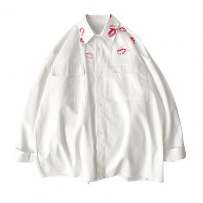 Atloks ar garām piedurknēm Atloks kabatas ar vienrindu kreklu mētelis vīriešu pavasara skūpsts ar apdruku vaļīgs jakas krekls