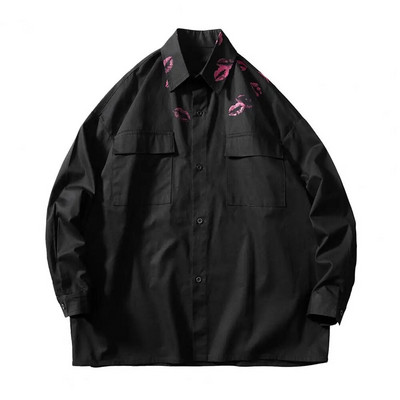 Atloks ar garām piedurknēm Atloks kabatas ar vienrindu kreklu mētelis vīriešu pavasara skūpsts ar apdruku vaļīgs jakas krekls