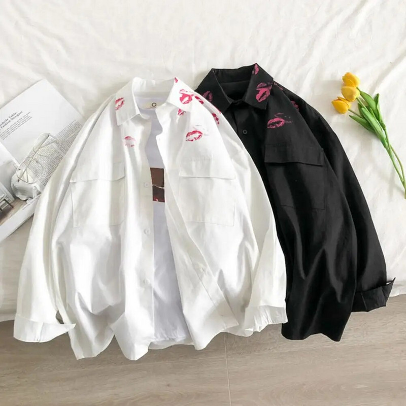 Atloks ar garām piedurknēm Atloks kabatas ar vienrindu kreklu mētelis vīriešu pavasara skūpsts ar apdruku vaļīgs jakas krekls