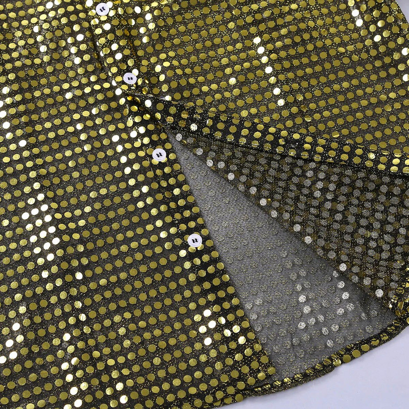 Ανδρικά πουκάμισα σμόκιν Γυαλιστερές πούλιες See Through Mesh Μακρυμάνικα Clubwear για νυχτερινό πάρτι Dancing Performance Top πουκάμισο