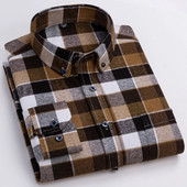 Muške modne brušene flanelske karirane prugaste košulje s jednim džepom, udobna 100% pamučna standardna košulja dugih rukava