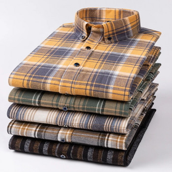 Мъжки модни изчеткани фланелени карирани ризи с джобове с един кръпка Удобна стандартна риза с дълъг ръкав от 100% памук