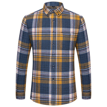 Мъжки модни изчеткани фланелени карирани ризи с джобове с един кръпка Удобна стандартна риза с дълъг ръкав от 100% памук