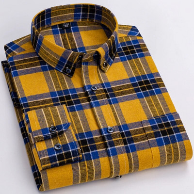 Muške modne brušene flanelske karirane prugaste košulje s jednim džepom, udobna 100% pamučna standardna košulja dugih rukava