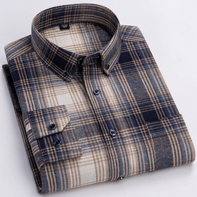 Muške modne brušene flanelske karirane prugaste košulje s jednim džepom, udobna 100% pamučna standardna košulja dugih rukava