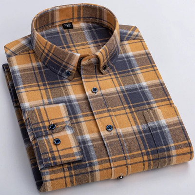 Muške modne brušene flanelske karirane prugaste košulje s jednim džepom, udobna 100% pamučna standardna košulja dugih rukava