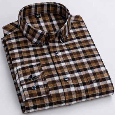 Muške modne brušene flanelske karirane prugaste košulje s jednim džepom, udobna 100% pamučna standardna košulja dugih rukava