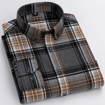 Muške modne brušene flanelske karirane prugaste košulje s jednim džepom, udobna 100% pamučna standardna košulja dugih rukava