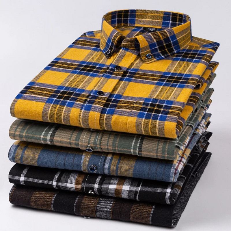 Muške modne brušene flanelske karirane prugaste košulje s jednim džepom, udobna 100% pamučna standardna košulja dugih rukava