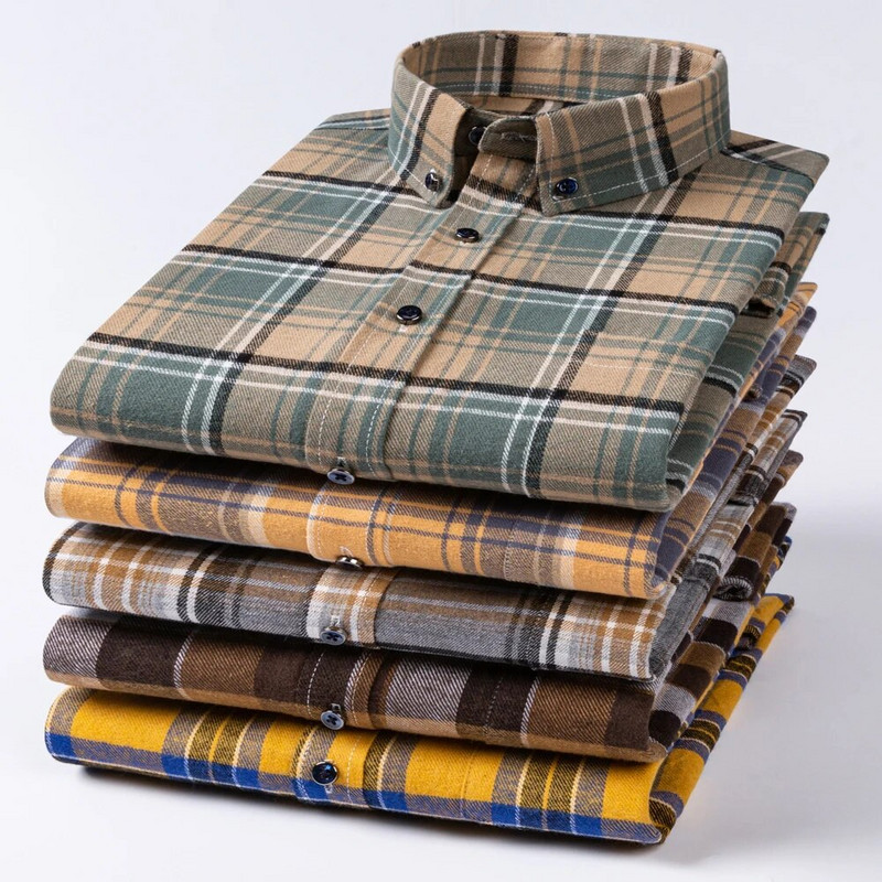 Muške modne brušene flanelske karirane prugaste košulje s jednim džepom, udobna 100% pamučna standardna košulja dugih rukava