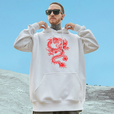 Punase draakoni mustriga meeste puuvillane pullover Moodne isiksus Tänavarõivad Fliisist tasku Täielikult matemaatikaga kapuutsid Oversize, soojad meeste riided