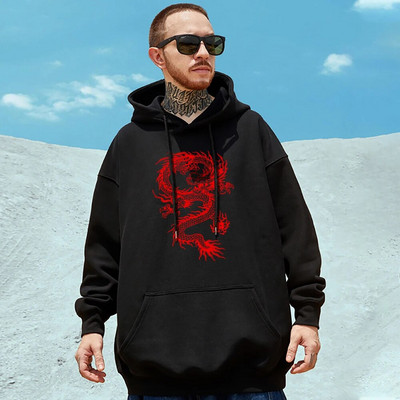 Punase draakoni mustriga meeste puuvillane pullover Moodne isiksus Tänavarõivad Fliisist tasku Täielikult matemaatikaga kapuutsid Oversize, soojad meeste riided
