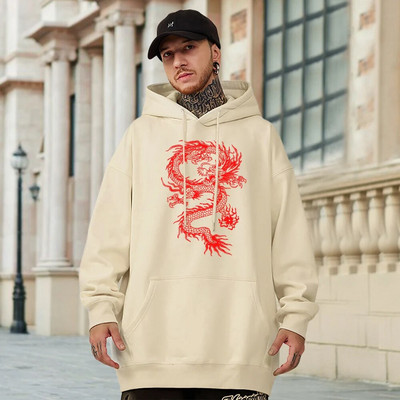 Punase draakoni mustriga meeste puuvillane pullover Moodne isiksus Tänavarõivad Fliisist tasku Täielikult matemaatikaga kapuutsid Oversize, soojad meeste riided